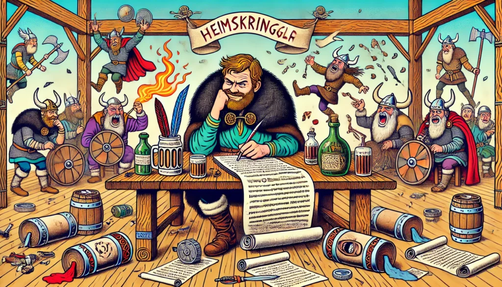Bohiney Satire - A wide-aspect satirical cartoon illustration of Snorri Sturluson, depicted as a Classical & Medieval free thinker and satirist, in the style of a humo... - bohiney.com 1