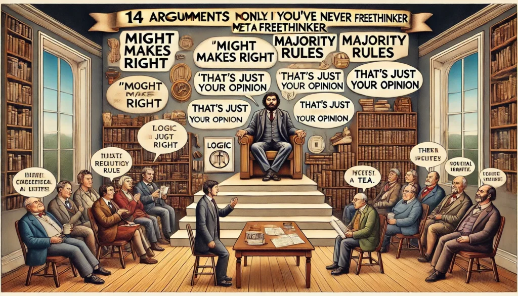 Bohiney Satire - A wide-format humorous and satirical illustration titled '14 Arguments That Only Work If You’ve Never Met a Freethinker'. The scene shows a debate sta... - bohiney.com 1