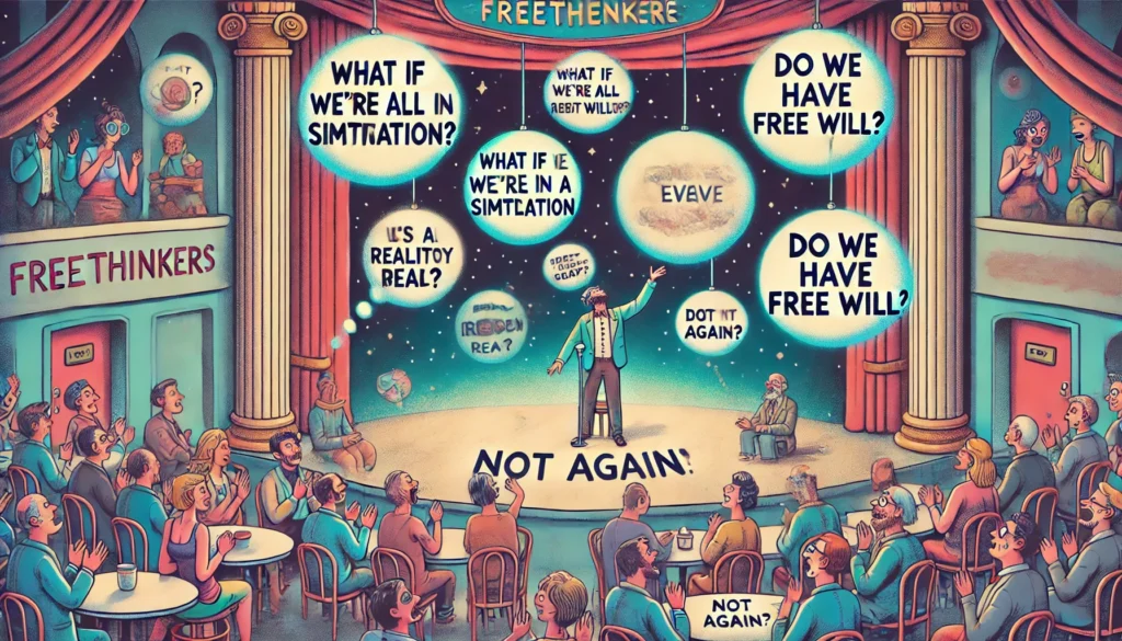 Bohiney Satire - A wide-format satirical illustration titled '14 Questions Freethinkers Are Tired of Pretending Are “Deep”'. The scene shows a whimsical debate arena o... - bohiney.com 2