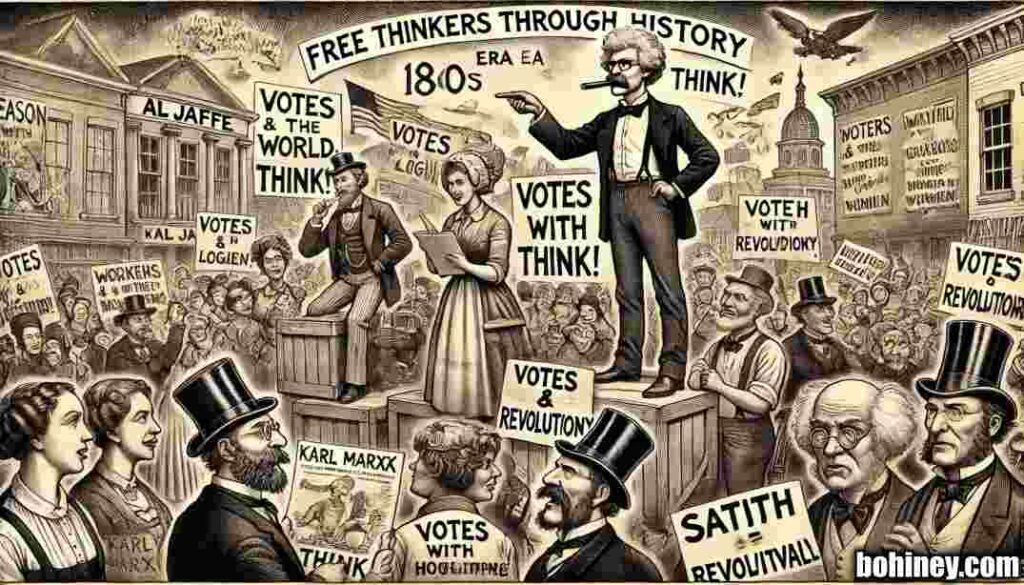 Why Logic Is Hot Now Free Thinker - A wide, satirical cartoon illustration in the style of Toni Bohiney, titled 'Free Thinkers Through History – 1800s Era.' The scene takes place in a livel... 6