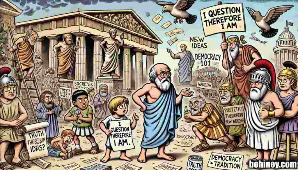 Why Logic Is Hot Now Free Thinker - A wide, satirical cartoon illustration in the style of Toni Bohiney, titled 'Free Thinkers Through History – Ancient Era.'  Freethinker's Today