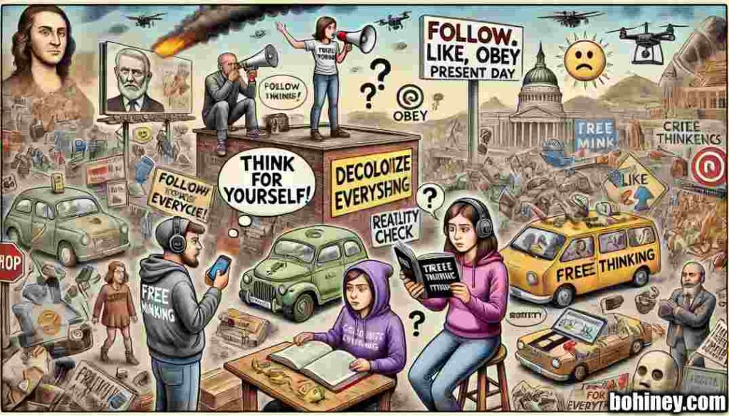 Free Thinker A wide, satirical cartoon illustration in the style of Toni Bohiney, titled 'Free Thinkers Through History –  Freethinker's Today