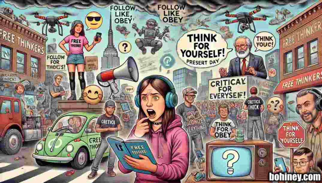 Free Thinker A wide, satirical cartoon illustration in the style of Toni Bohiney, titled 'Free Thinkers Through History –  Freethinker's Today