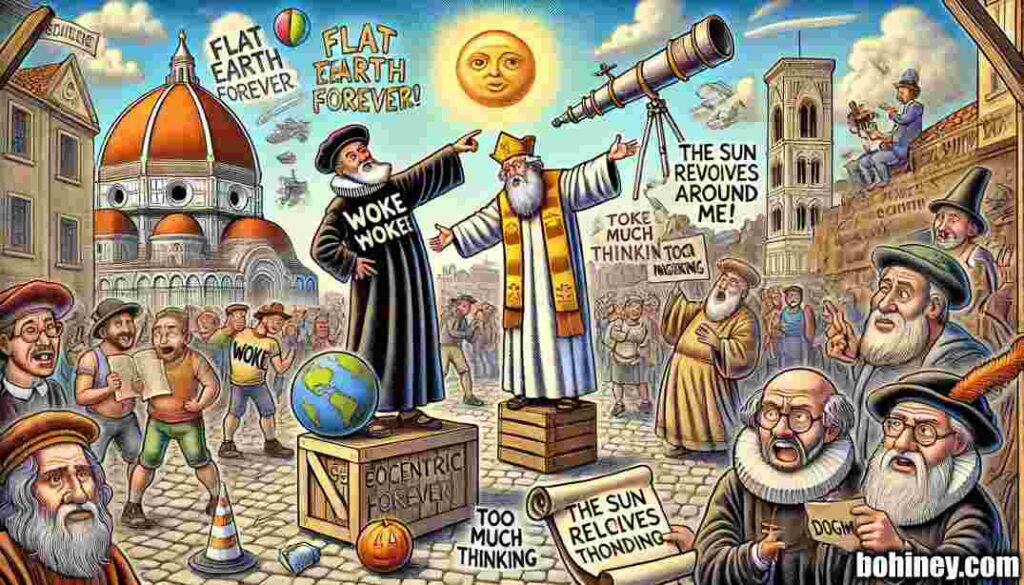 Free Thinker A wide, satirical cartoon illustration in the style of Toni Bohiney, titled 'Free Thinkers Through History – Renaissance Era.' The scene is a vibrant Ren... 4