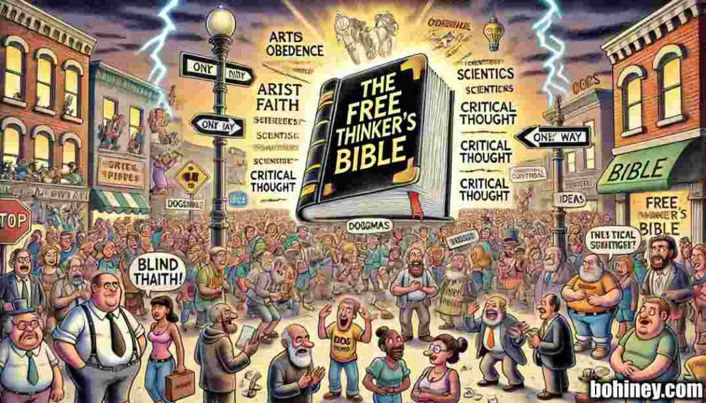The Free Thinker's Bible A wide satirical cartoon illustration in the style of Toni Bohiney, titled 'The Free Thinker's Bible.' The scene shows a glowing, oversized book on a ped...