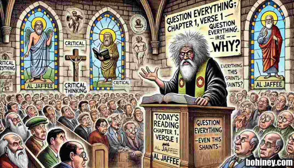 Why Logic Is Hot Now Satirist and Free Thinker -- A wide, satirical cartoon illustration in the style of Toni Bohiney, titled 'The Skeptic’s Sermon.' Freethinker's Today