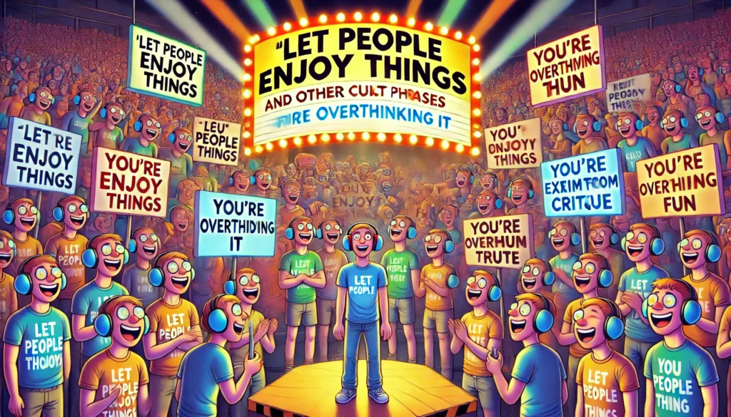 Bohiney Satire - A wide-format satirical illustration titled '“Let People Enjoy Things” and Other Cult Phrases That Annoy Freethinkers'. The scene shows a cheerful, ov... - bohiney.com 2